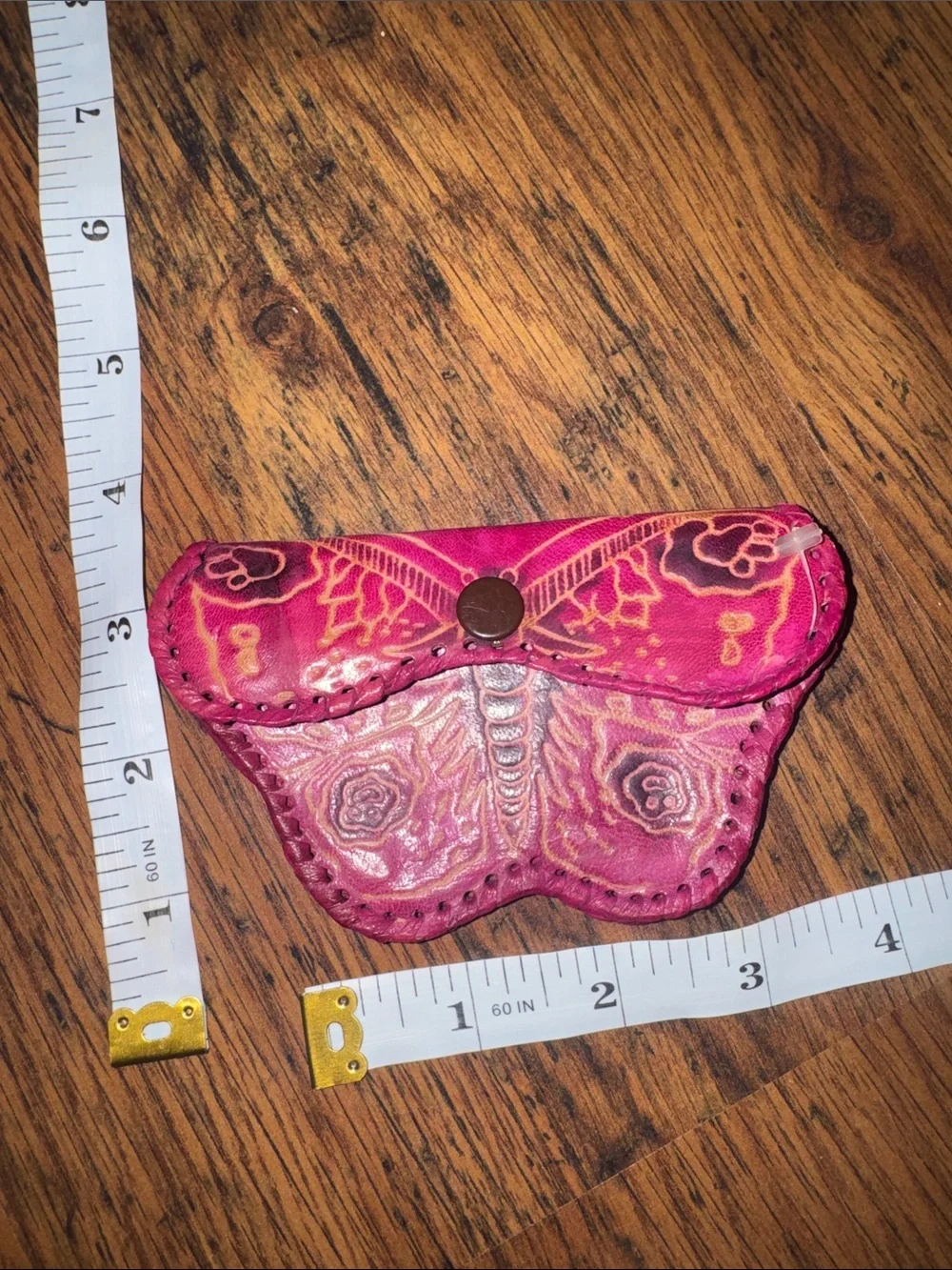 Handcrafted Pink Butterfly Leather Coin Pouch C1.Bk.R.2